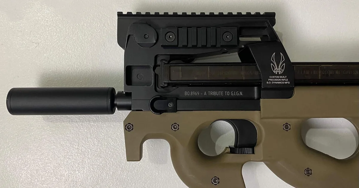 King Arms FN P90 AEG (M3) in standard configuration with a Dark Earth lower and King Arms lightweight suppressor, side view