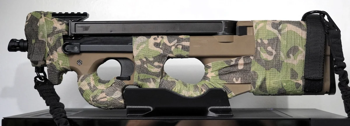 King Arms FN P90 AEG (M3) with a 3D-printed compact SMG upper receiver and camo wrap