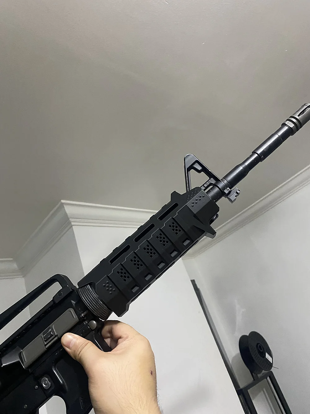 Close-up of a 3D-printed handguard inspired by the Strike Industries Viper on a WE M4 RIS GBBR